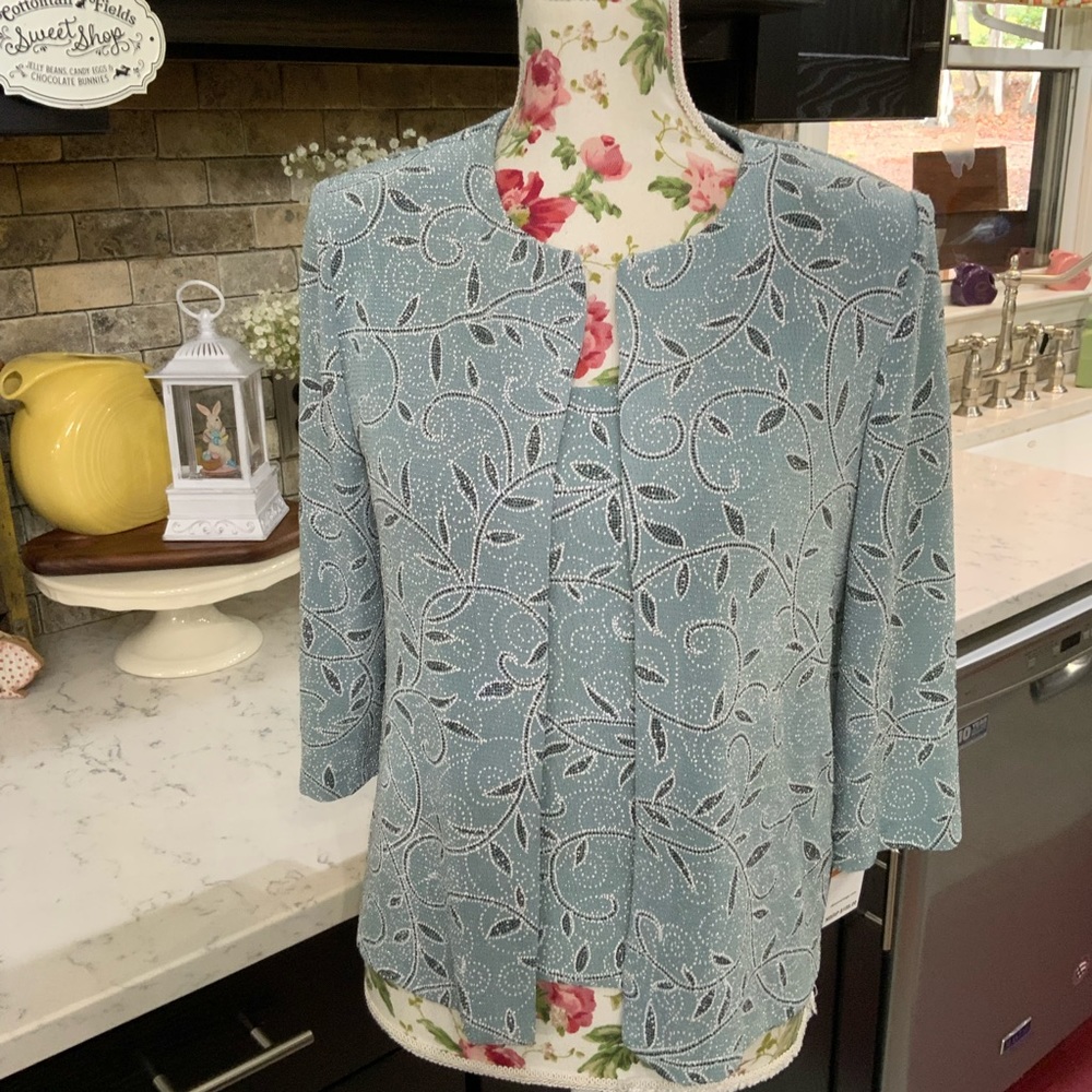 Alex Evenings Ice Sage Sparkle 2 Piece Jacket Tank Small Petite New W/Tags $159